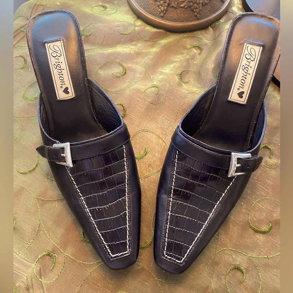 EUC Brighton Black Leather Mules, Sz. 8.5, Embossed Croc. Silver Buckle …